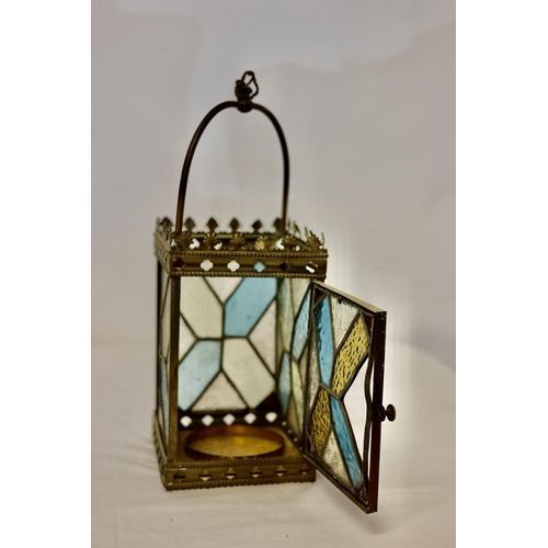 2 - Antique brass and coloured glass lantern (one piece missing and a Tiffany style light shade. (2)