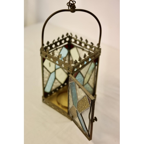 2 - Antique brass and coloured glass lantern (one piece missing and a Tiffany style light shade. (2)