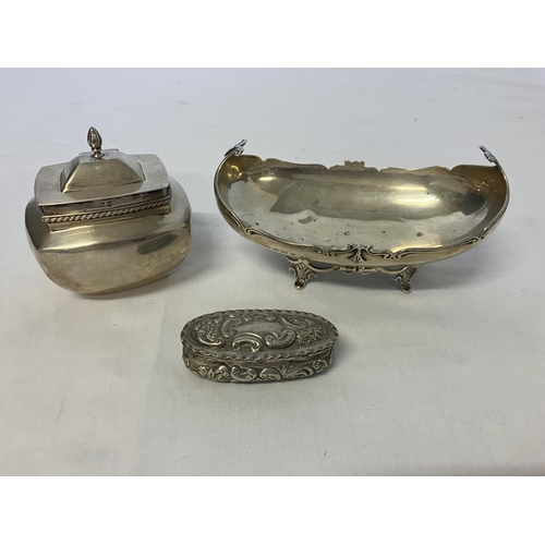 201 - Mixed lot - silver boat shaped dish, silver tea caddy and a small silver box. Various dates Chester ... 