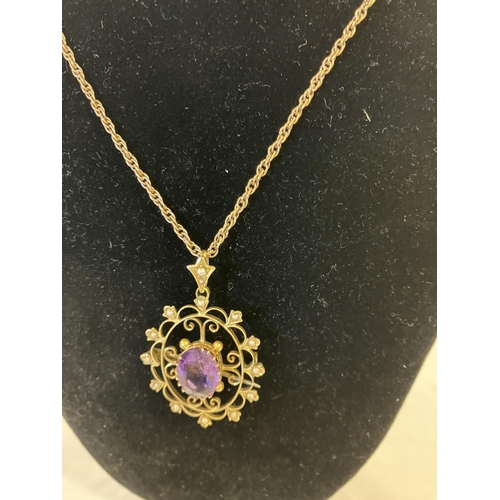 212 - 9 ct gold pearl and amethyst pendant and chain.