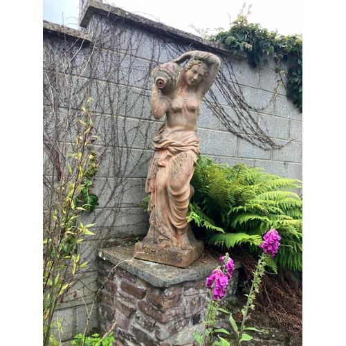 239 - Large terracotta figure of a lady with a wine jug. H. 134cm and a large indoor vase. H. 85cm.