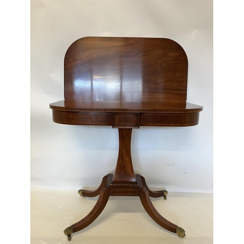 247 - A fine quality Regency style mahogany tea/card table, the D shaped folding top raised on tapered col... 