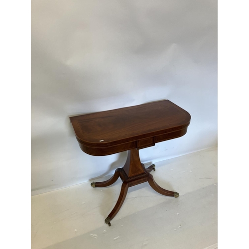 247 - A fine quality Regency style mahogany tea/card table, the D shaped folding top raised on tapered col... 