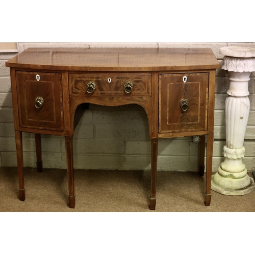 261 - Good antique mahogany bow shaped sideboard raised on tapered legs. W. 120cm, D. 65cm, H. 90cm.