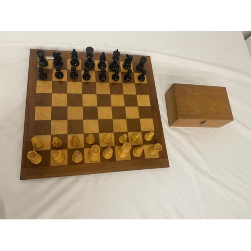 290 - Timber Chess board and pieces. Board size 41cm x 41cm.