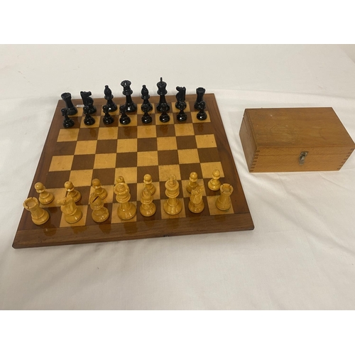 290 - Timber Chess board and pieces. Board size 41cm x 41cm.