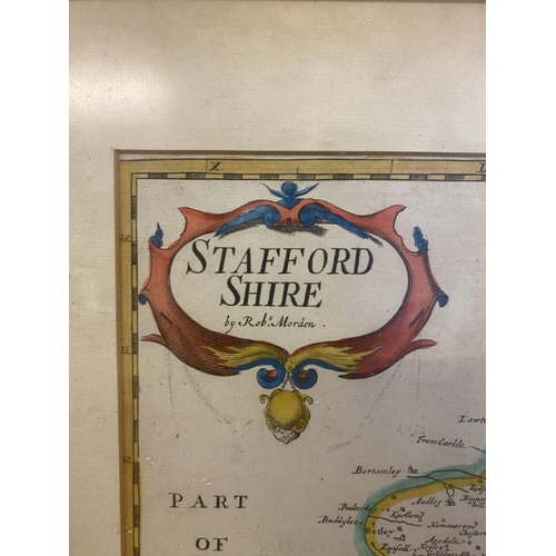 313 - Staffordshire by Robert Morden, framed map. Overall size 57cm x 50cm.