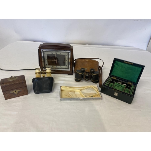 315 - Mixed lot - Smiths electric clock, 2 antique jewellery boxes, opera glasses, magnifier and Carl Zeis... 