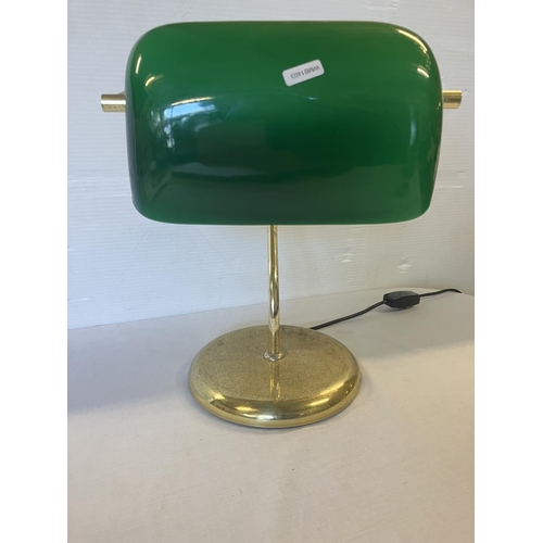 359 - Desk or Bankers lamp with green shade and brass base.