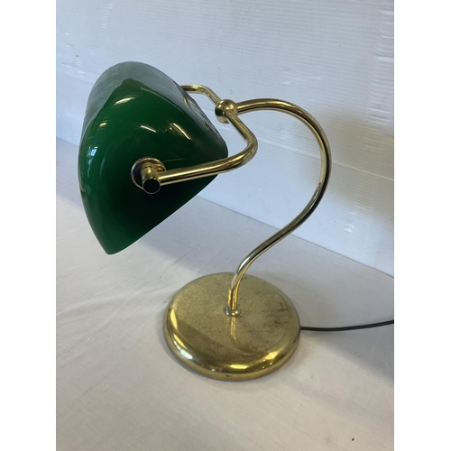 359 - Desk or Bankers lamp with green shade and brass base.