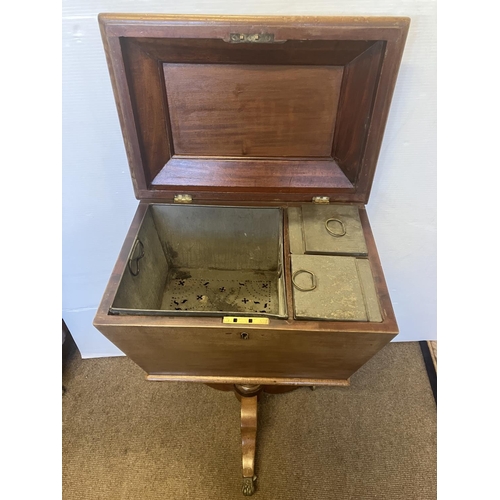 372 - Antique mahogany teapoy, the interior with original tin containers on turned column and tripod base.... 