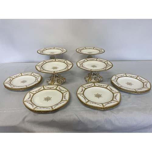 48 - A decorative china part dessert service - 4 comports & 8 plates.