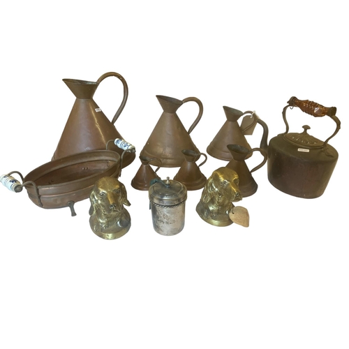 57 - Set of 6 graduated copper measures, copper kettle, brass book ends, etc.