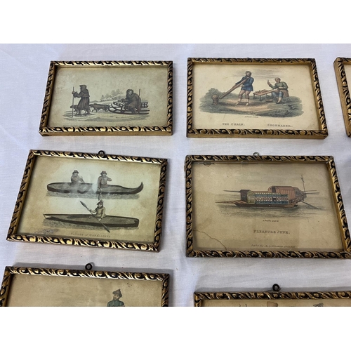 60 - A set of 16 interesting old gilt framed prints. 10cm x 15cm.