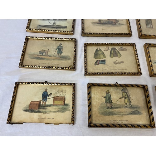 60 - A set of 16 interesting old gilt framed prints. 10cm x 15cm.