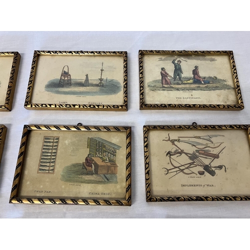 60 - A set of 16 interesting old gilt framed prints. 10cm x 15cm.