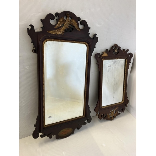 62 - Two antique mahogany pier mirrors with gilded decoration. Large 90cm x 50xm, Small - 72cm x 40cm in ... 