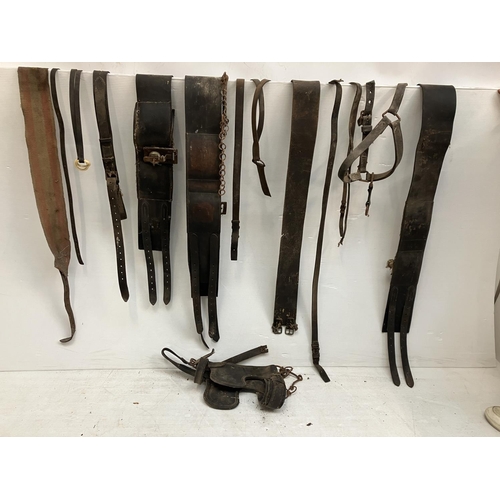 9 - A lot of old leather horse tack.