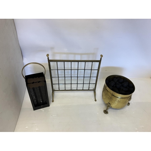 91 - Victorian brass and leaded glass fire screen, brass coal container and a metal briquette container. ... 