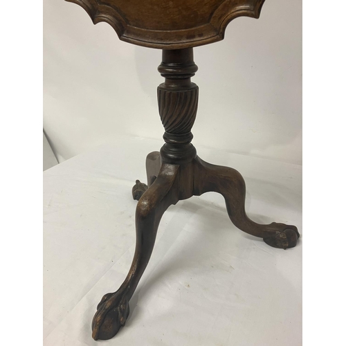 96 - Antique mahogany pie crust top wine table raised on tripod support, good colour. Diameter 60cm.