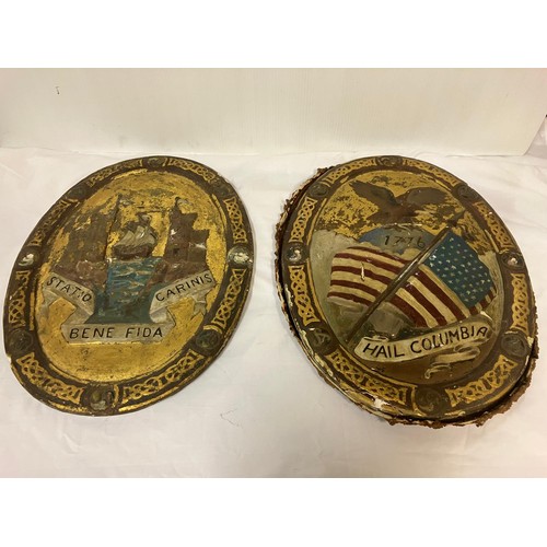 373 - A pair of plaster plaques showing the Cork Coat of Arms and Hail Columbia.