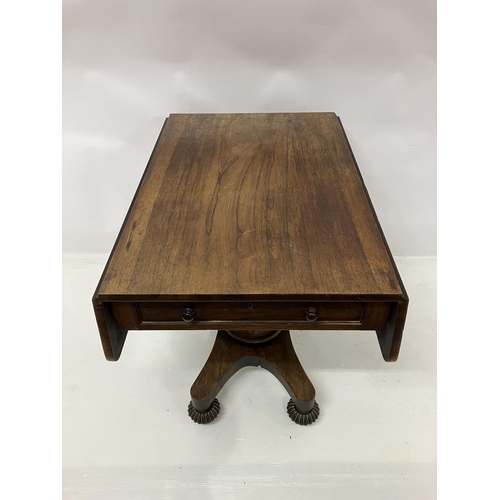 105 - A 19th century rosewood drop leaf table fitted with real & dummy drawers and raised on centre column... 