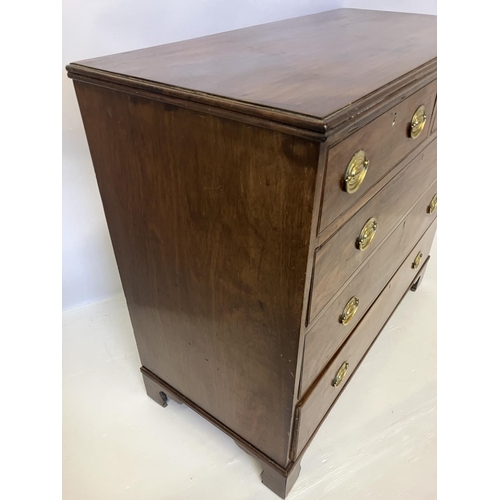 114 - Georgian mahogany chest of 2 short and 3 long drawers having oval shaped brass handles and raised on... 