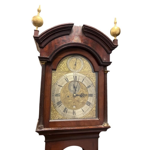 117 - Good antique long cased clock having arched brass dial with silver chapter ring, strike and silent d... 