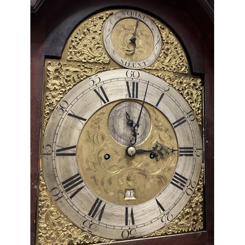 117 - Good antique long cased clock having arched brass dial with silver chapter ring, strike and silent d... 