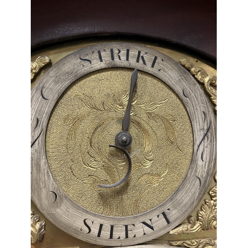 117 - Good antique long cased clock having arched brass dial with silver chapter ring, strike and silent d... 