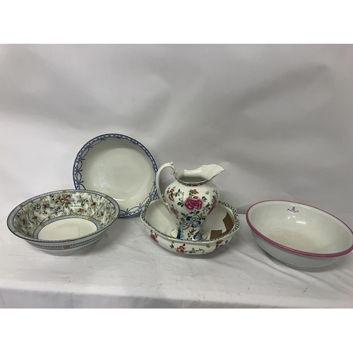 12 - Large Victorian jug and bowl set (cracked) and 3 other bowls.