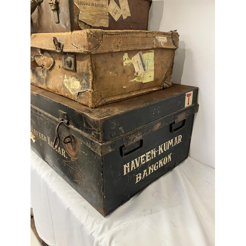 123 - Large metal trunk, 3 leather cases and a metal Army box.