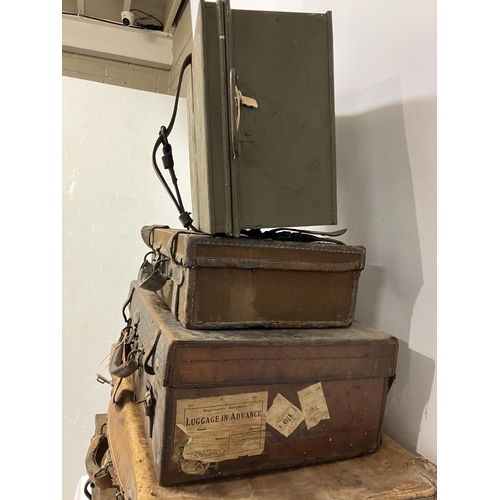 123 - Large metal trunk, 3 leather cases and a metal Army box.