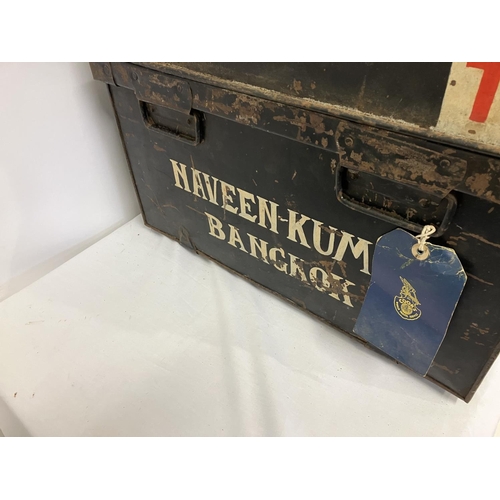 123 - Large metal trunk, 3 leather cases and a metal Army box.