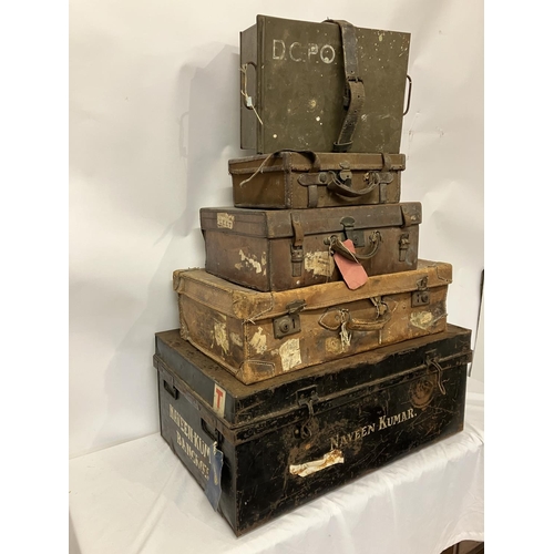 123 - Large metal trunk, 3 leather cases and a metal Army box.