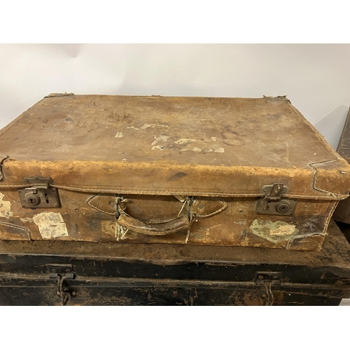 123 - Large metal trunk, 3 leather cases and a metal Army box.