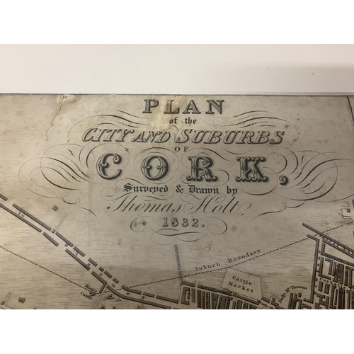 129 - A very rare Map - Plan of the City & Suburb of Cork surveyed and drawn by Thomas Holt 1832. 44cm x 6... 