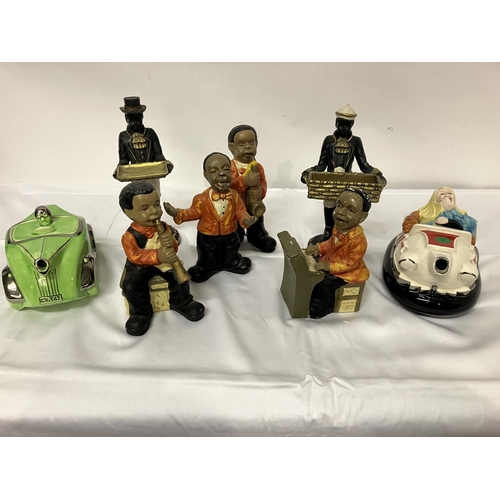 13 - Collection of pottery jazz musicians and 2 teapots in the form of cars.