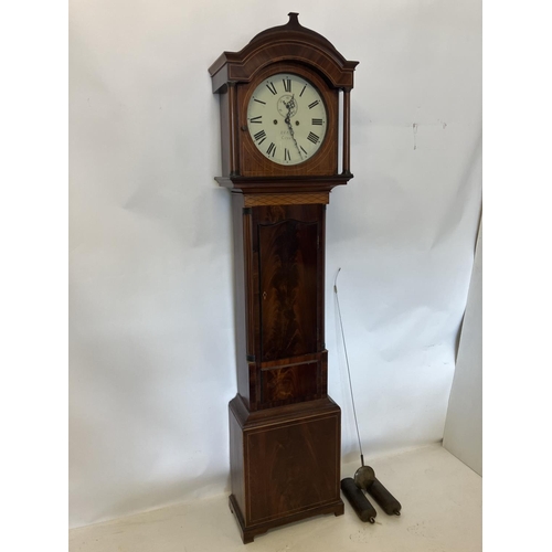 140 - An 19th century inlaid mahogany long cased clock having circular white dial by Evans, Cork.