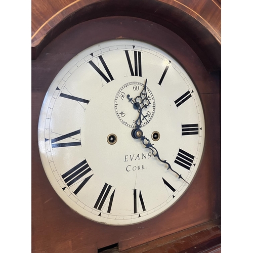 140 - An 19th century inlaid mahogany long cased clock having circular white dial by Evans, Cork.