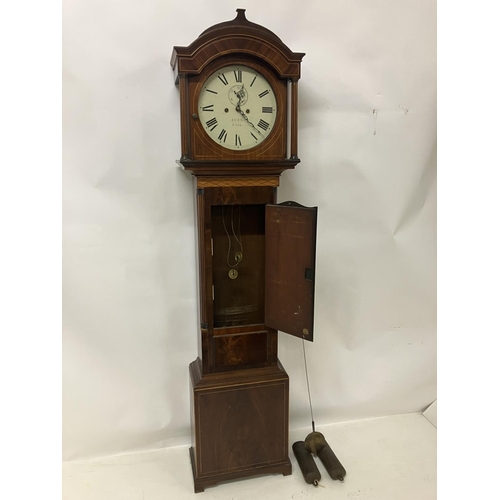 140 - An 19th century inlaid mahogany long cased clock having circular white dial by Evans, Cork.