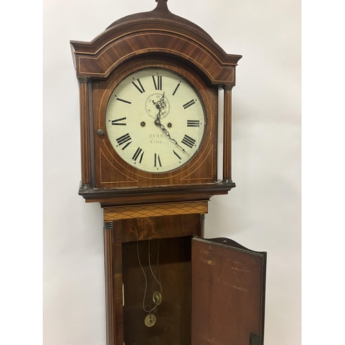 140 - An 19th century inlaid mahogany long cased clock having circular white dial by Evans, Cork.