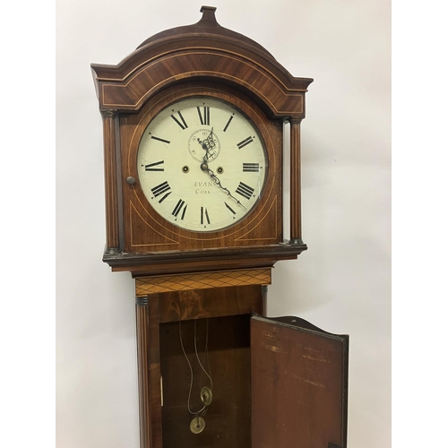 140 - An 19th century inlaid mahogany long cased clock having circular white dial by Evans, Cork.