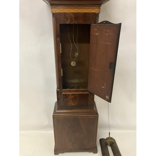 140 - An 19th century inlaid mahogany long cased clock having circular white dial by Evans, Cork.