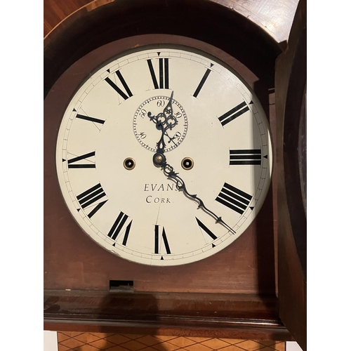 140 - An 19th century inlaid mahogany long cased clock having circular white dial by Evans, Cork.