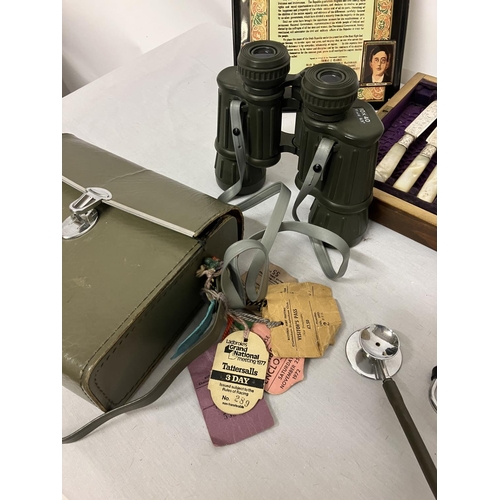 16 - Mixed lot - Bell and Howell projector, binoculars, part set of mother of pearl fruit knives and fork... 