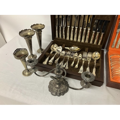 169 - Two boxed canteens, candleabra, vases, etc.