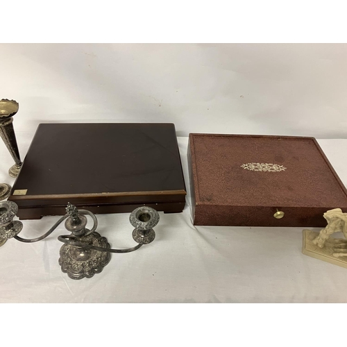 169 - Two boxed canteens, candleabra, vases, etc.