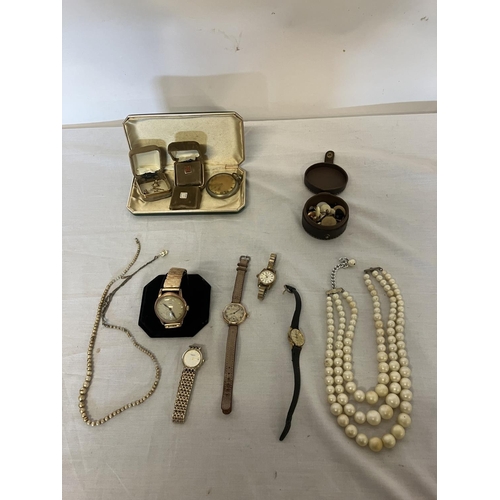 190 - Mixed lot of jewellery to include 9ct gold gents watch, bracelet (not gold), a Waltham gold ladies w... 