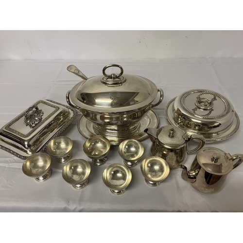 208 - A good lot of hotel plated ware to include a large tureen with lid, ladle and base plate, engraved O... 